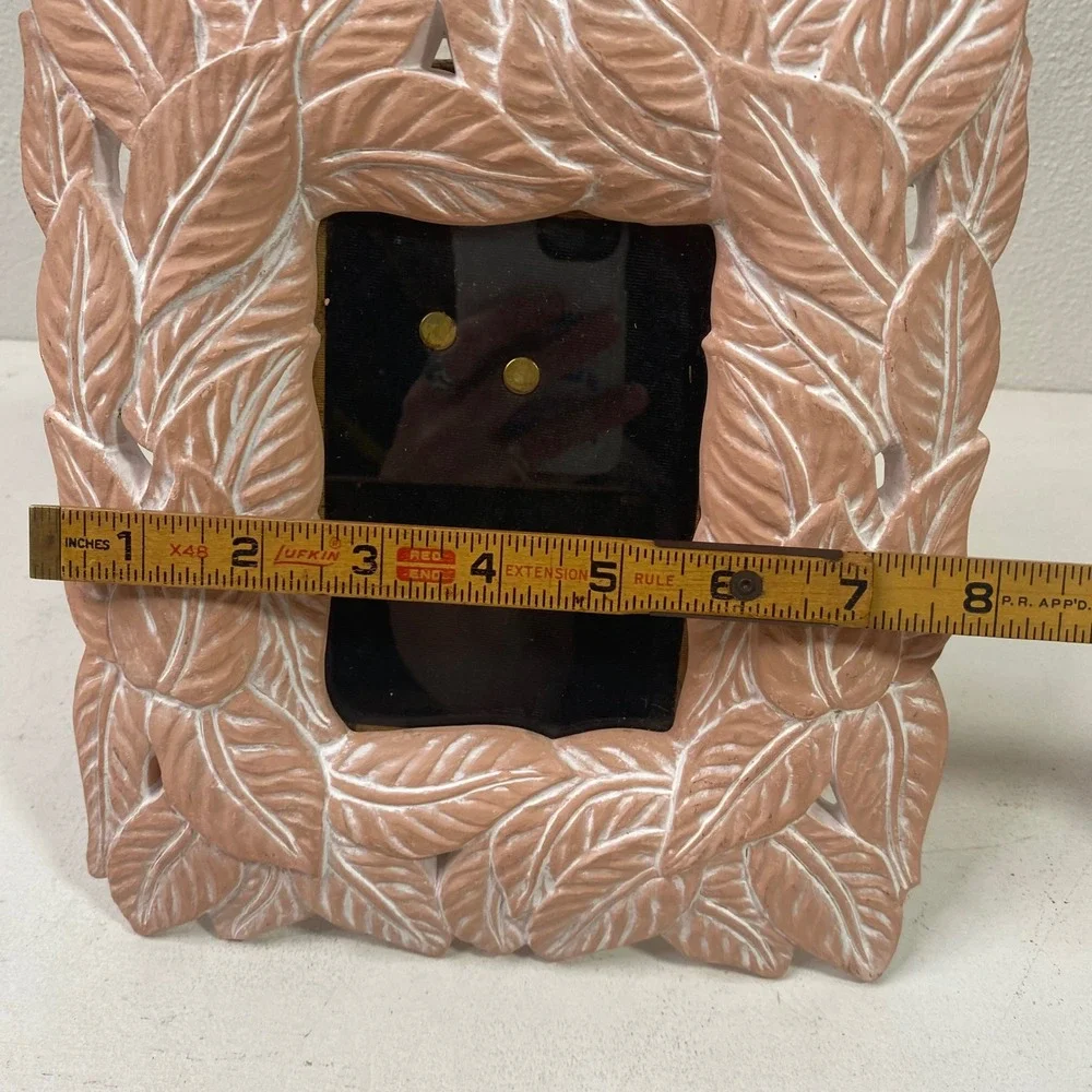 Vintage Terracotta Carved Leaf Picture Frame Pink Boho Botanical 3.5x5in